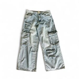 Simple Society Baggy Cargo Jeans - Light Wash Wide-Leg Denim, Size 11